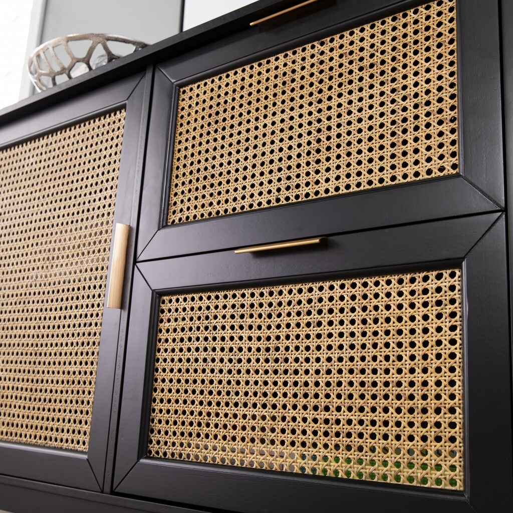 Black And Cane Bamboo Accent Storage Cabinet