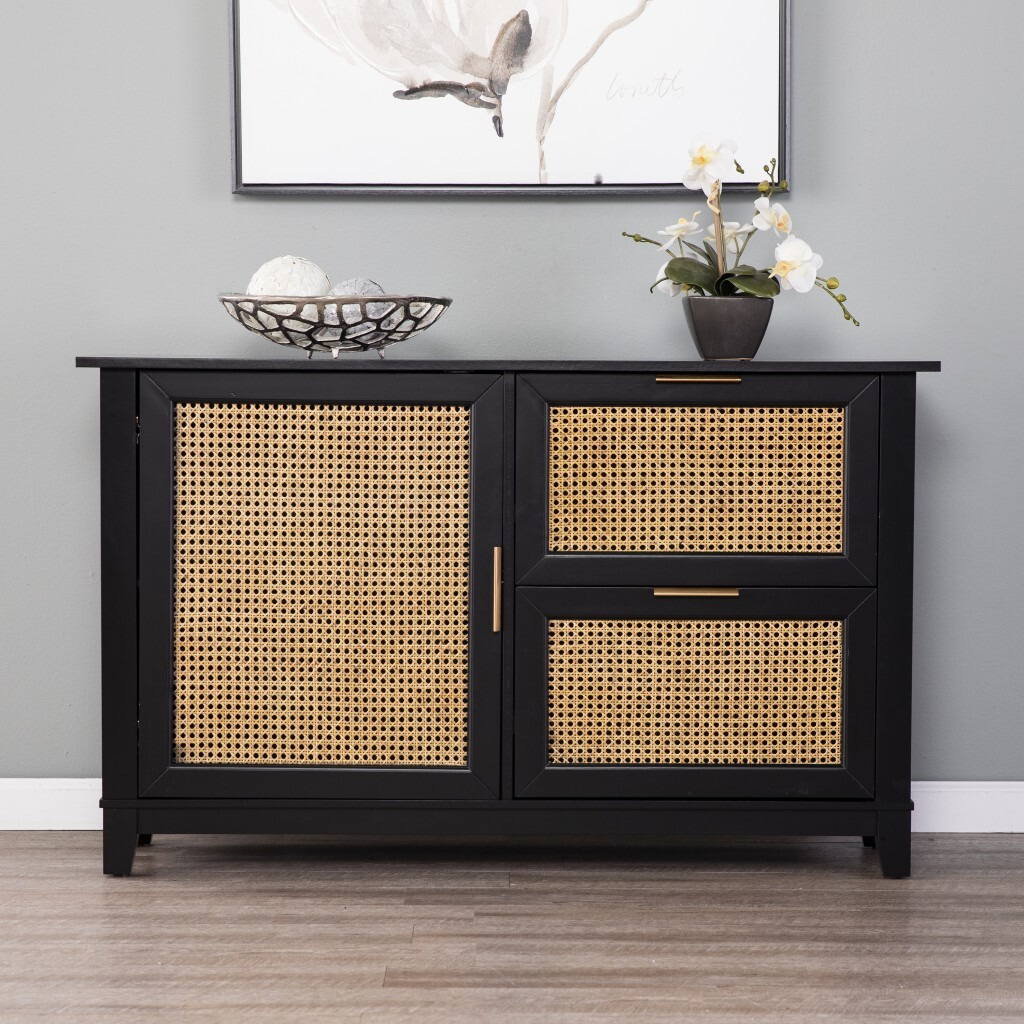 Black And Cane Bamboo Accent Storage Cabinet