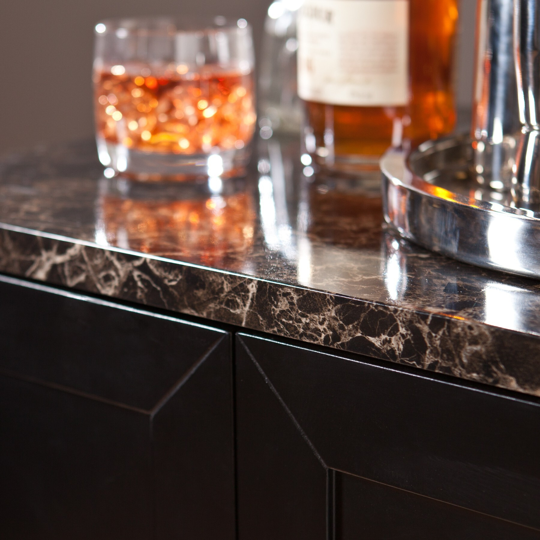 Metro Black Wood And Marble Bar Cabinet