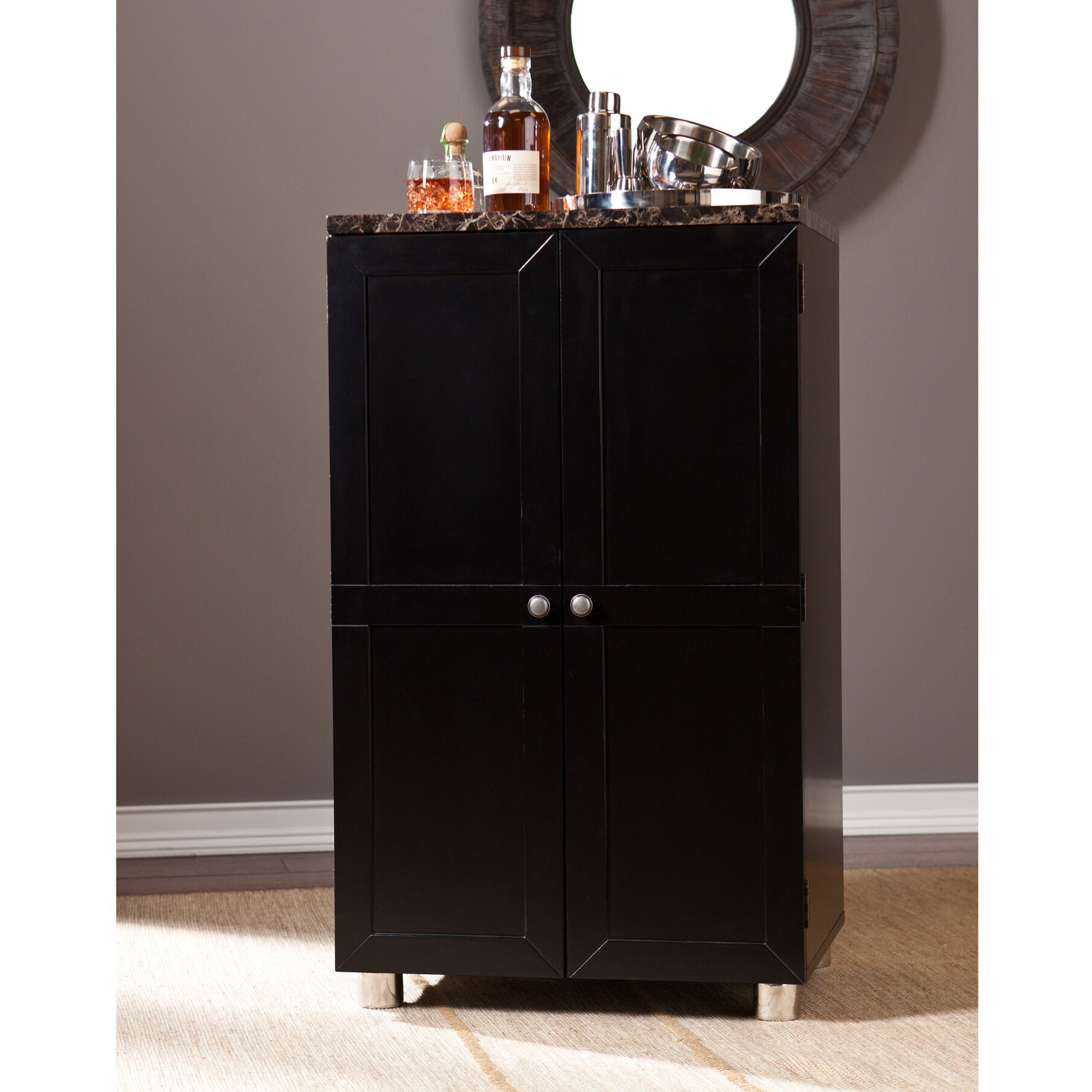 Metro Black Wood And Marble Bar Cabinet