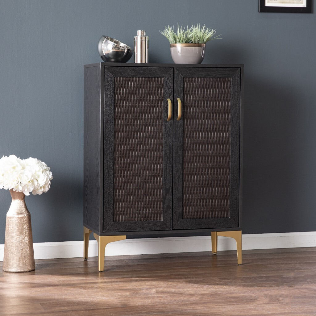 Modern Rustic Black Gold And Faux Rattan Bar Cabinet