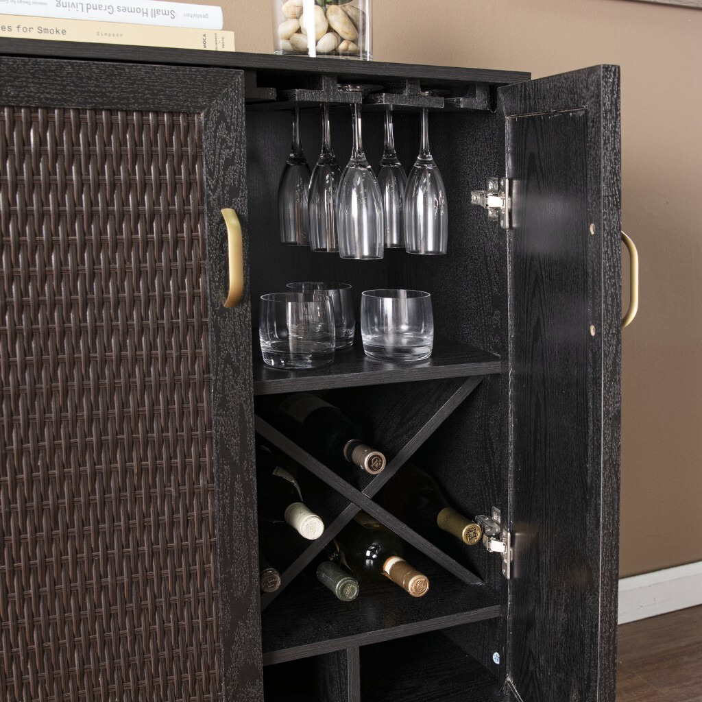 Modern Rustic Black Gold And Faux Rattan Bar Cabinet