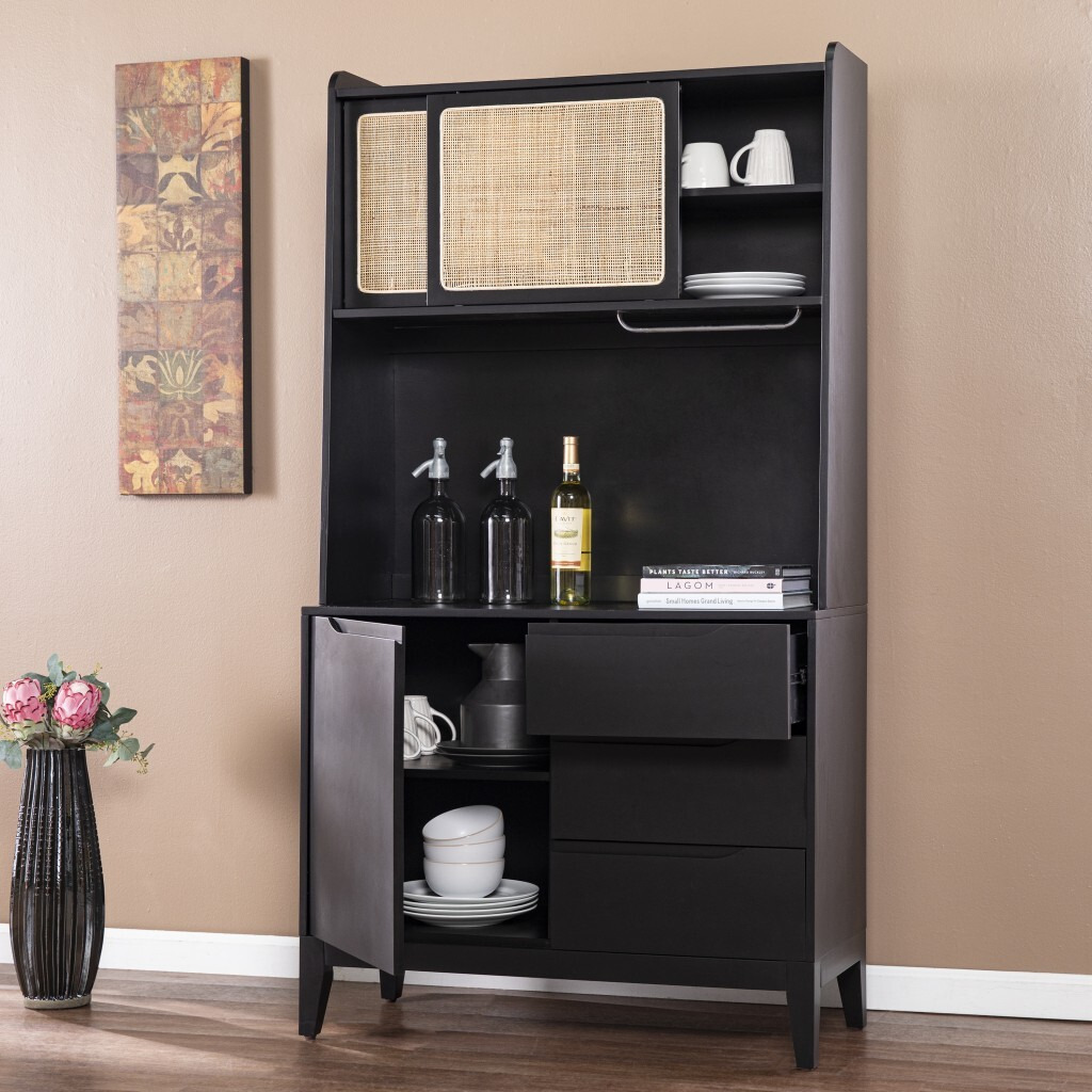 Rustic Black And Light Bamboo Tall Buffet Cabinet