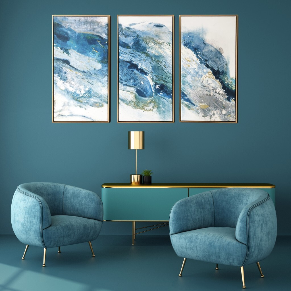 Abstract Blues With Gold Framed Canvas Wall Art