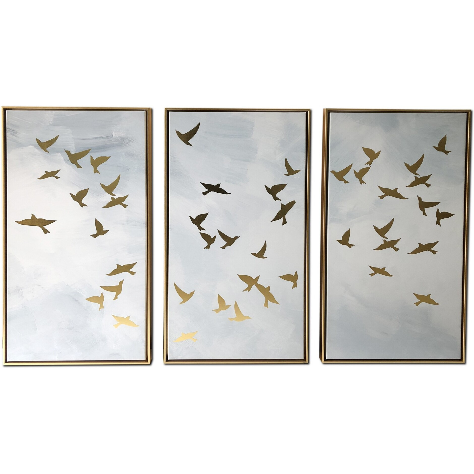 Set Of Three Golden Birds Framed Canvas Wall Art