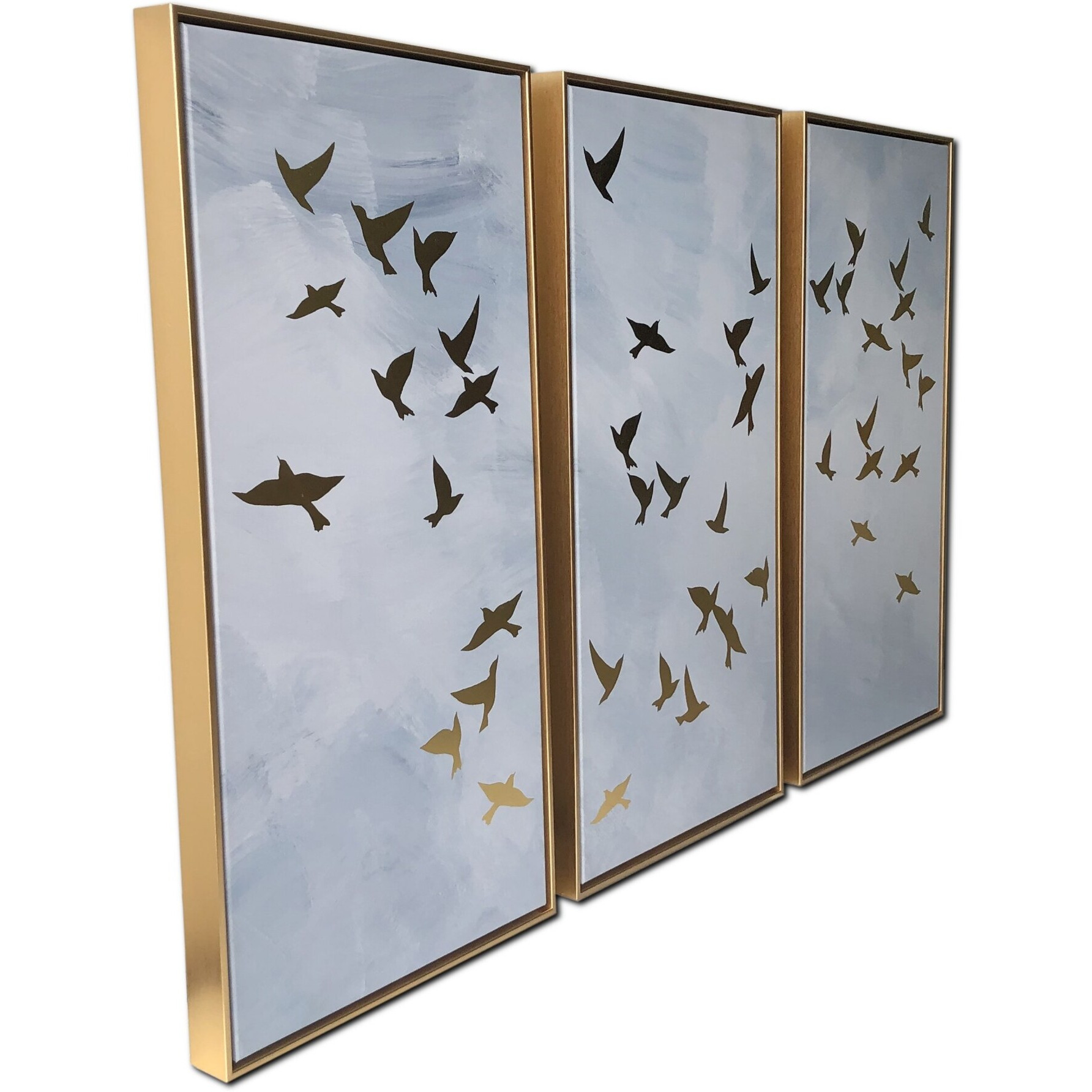 Set Of Three Golden Birds Framed Canvas Wall Art