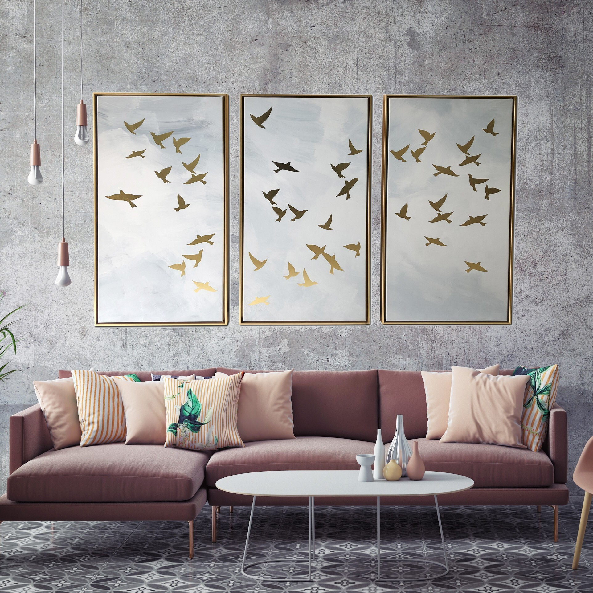 Set Of Three Golden Birds Framed Canvas Wall Art