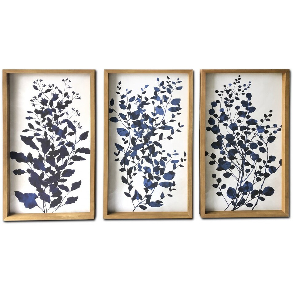 Set Of Three Blue Branches Framed Canvas Wall Art