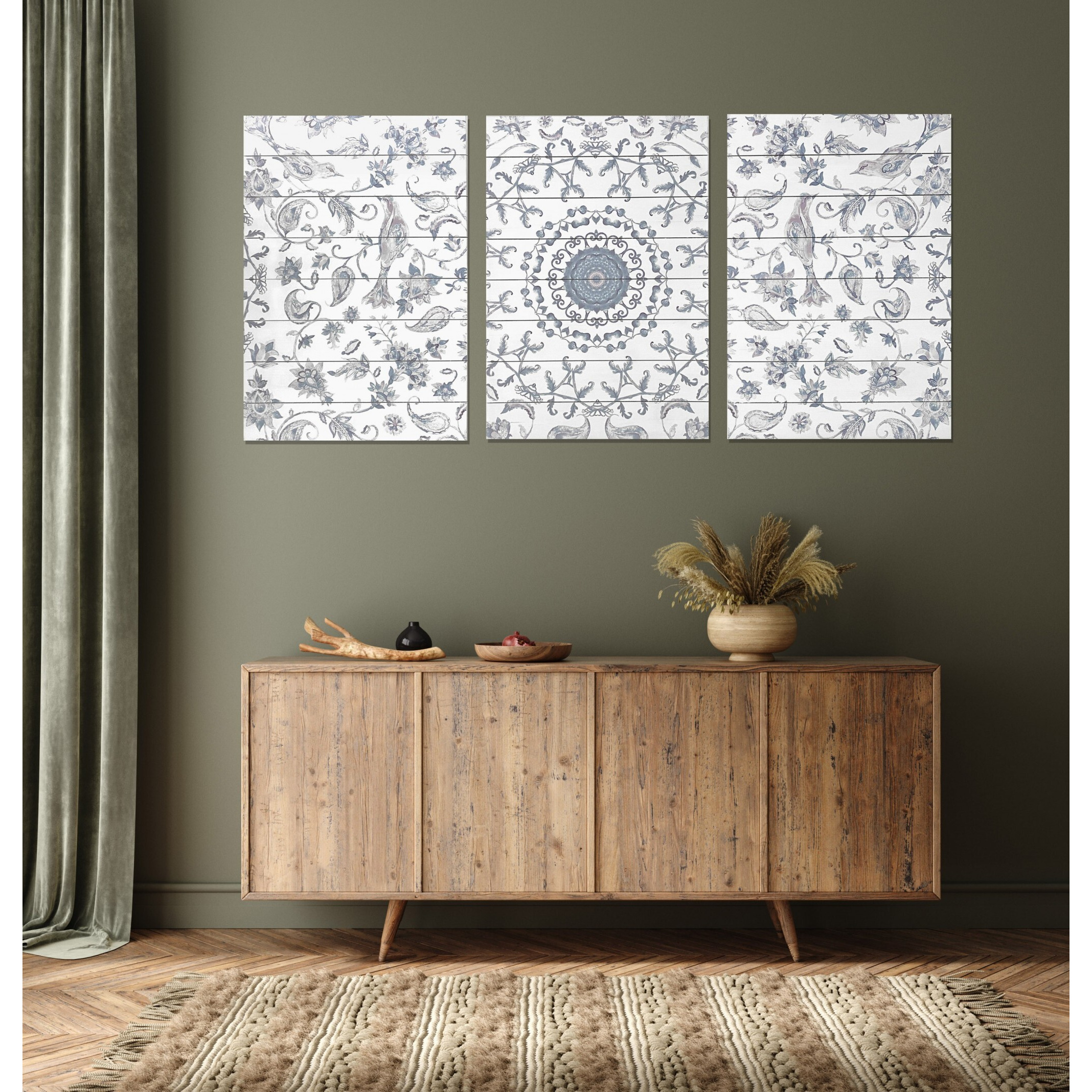 Modern Gray Chinoiserie Wood Plank Wall Art