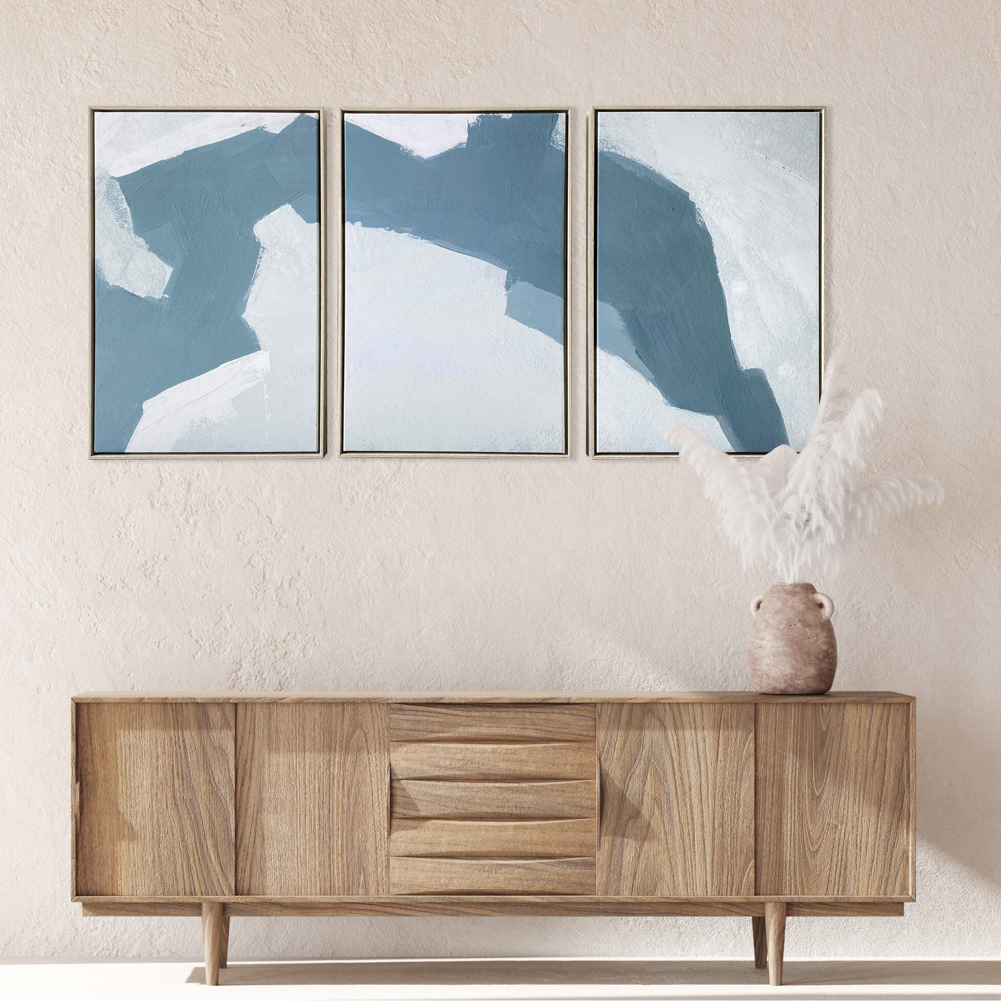Set Of Three Blues And Grays Abstract Framed Canvas Wall Art
