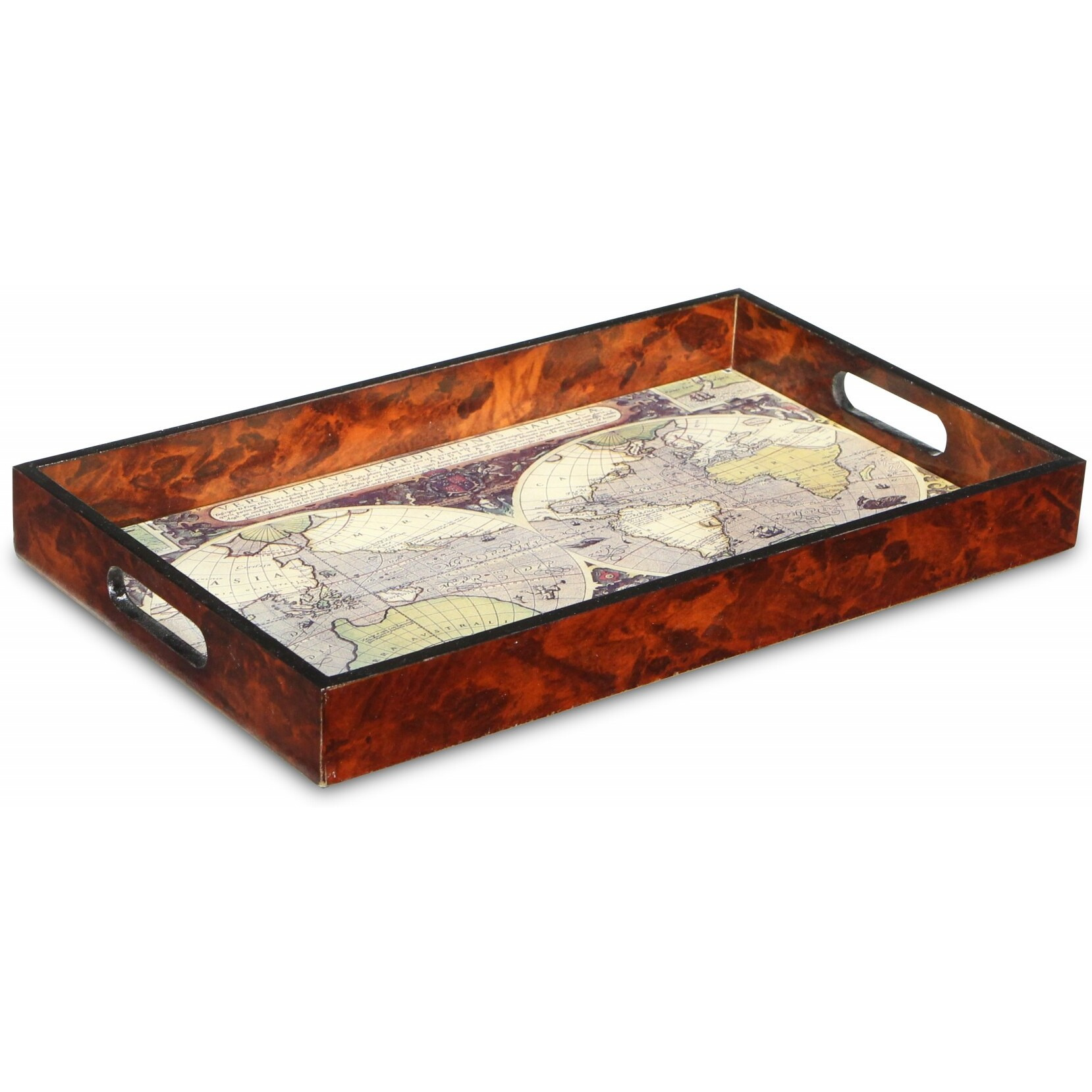 World Map Vintage Burlwood Serving Tray