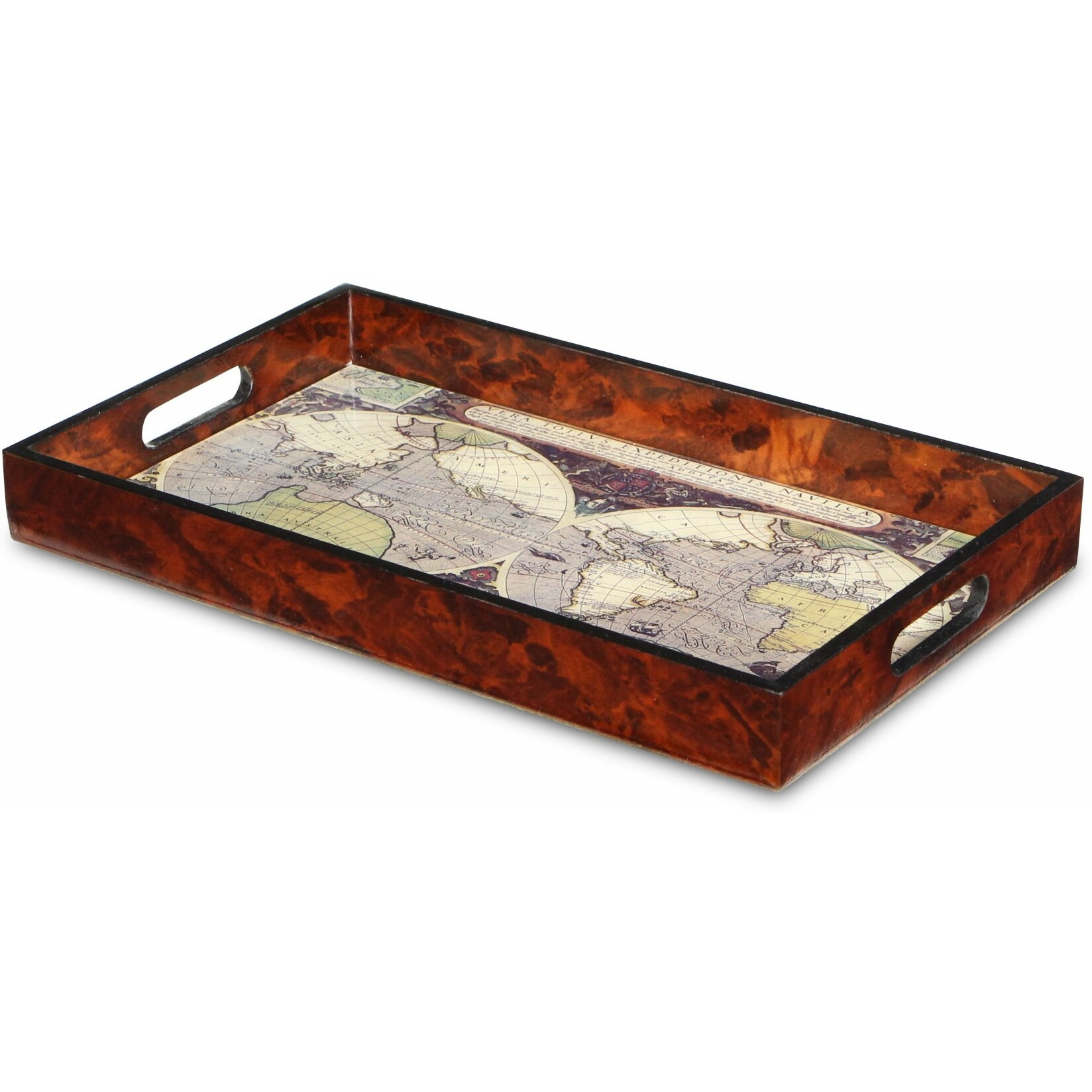 World Map Vintage Burlwood Serving Tray
