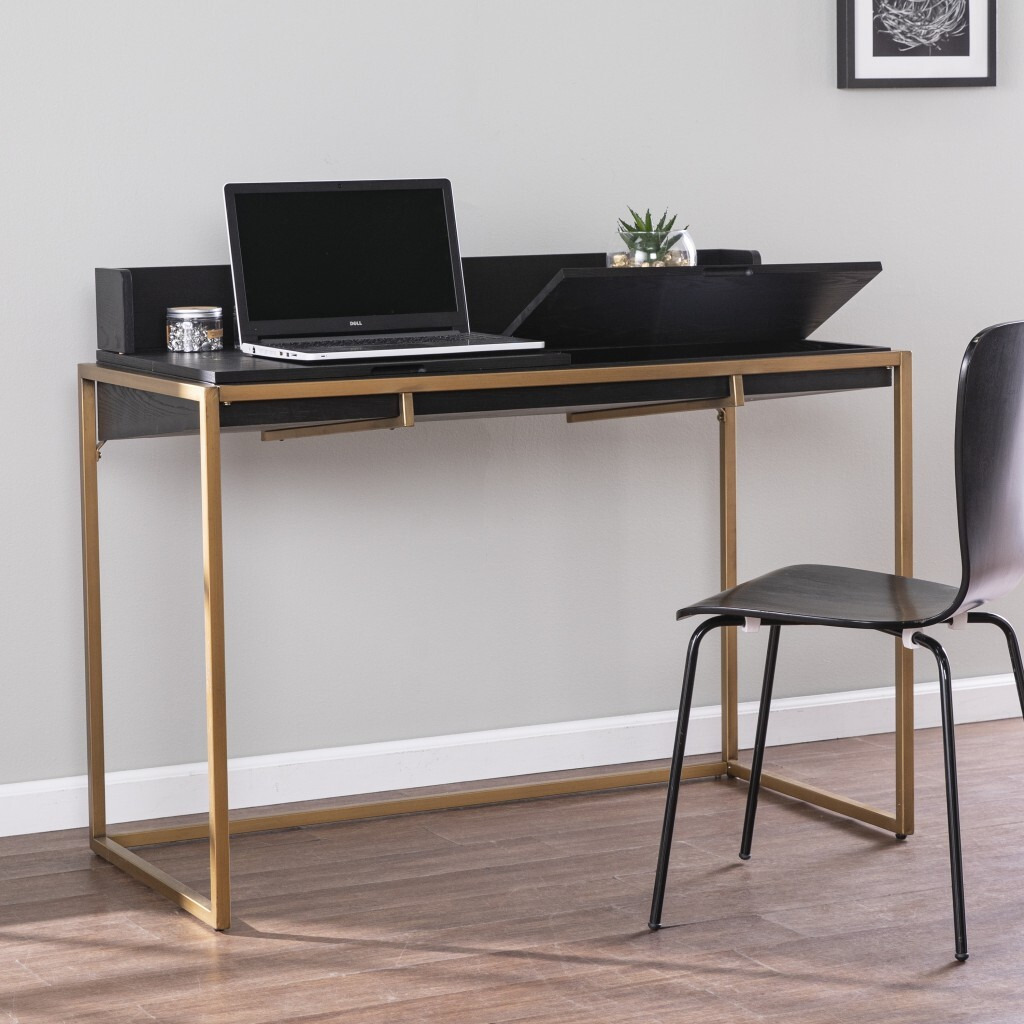 Modern Farmhouse Maple And Black Lift Top Adjustable Desk