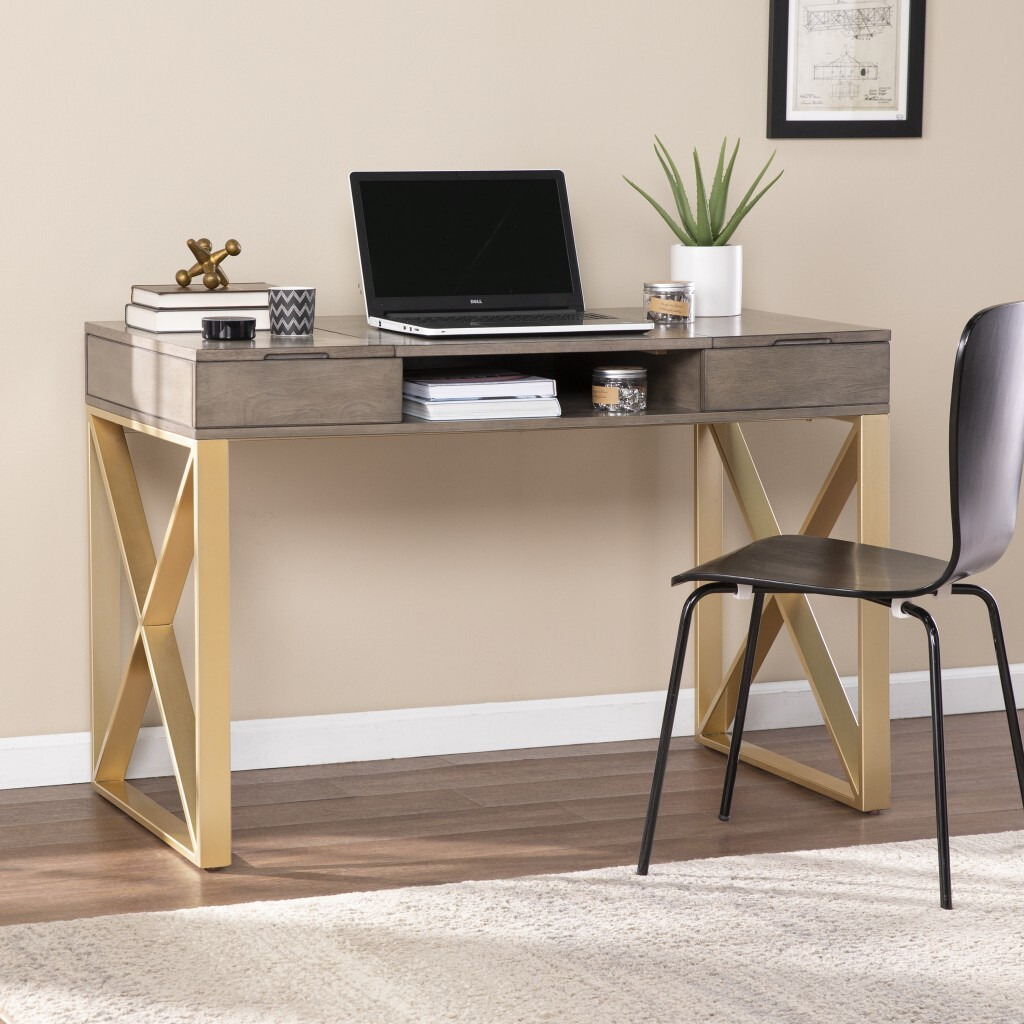 Modern Gray And Gold Writing Desk With Storage