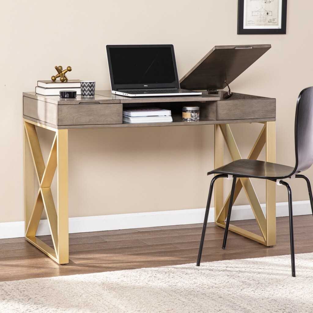 Modern Gray And Gold Writing Desk With Storage