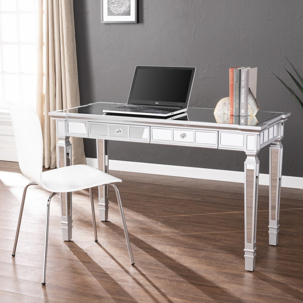 Silver Mirrored Writing Desk With Drawers