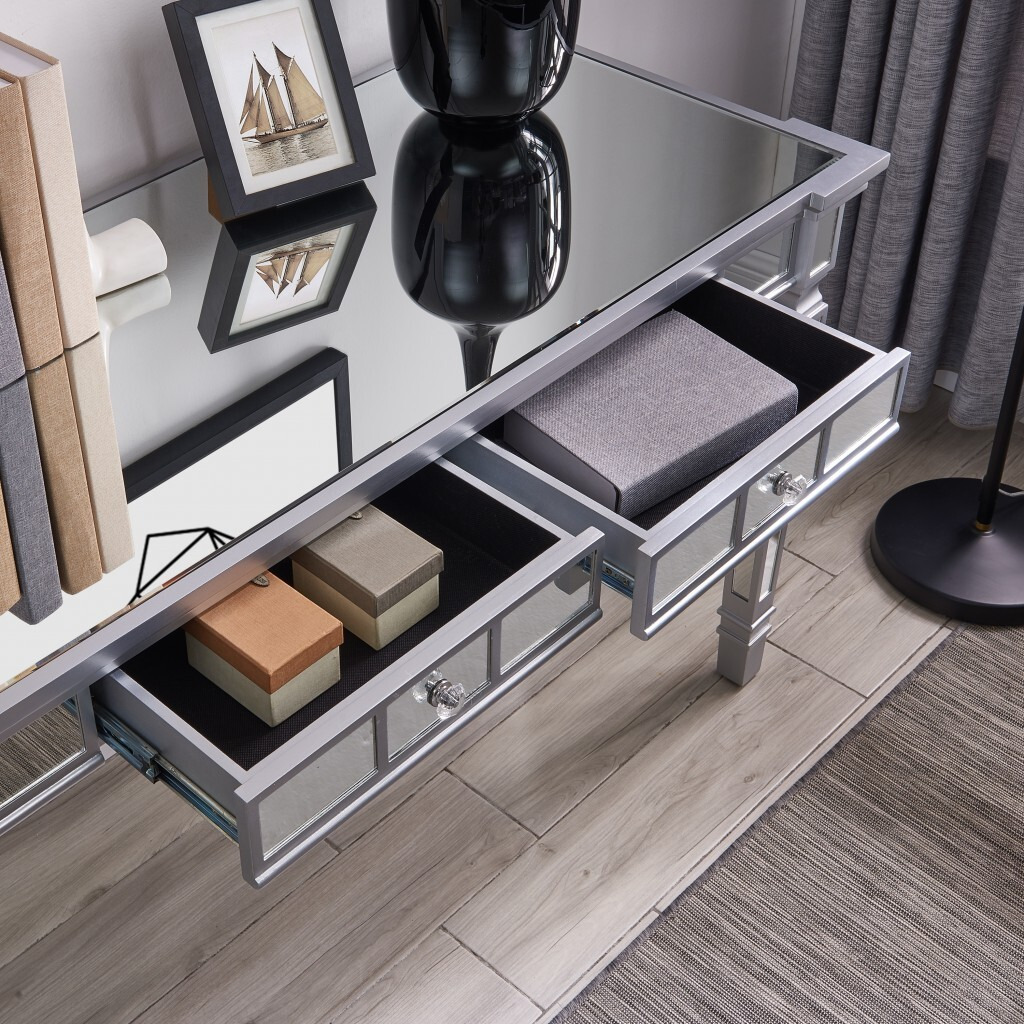 Silver Mirrored Writing Desk With Drawers