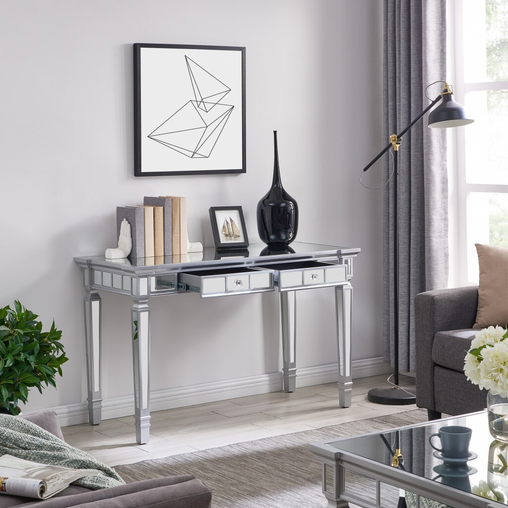 Silver Mirrored Writing Desk With Drawers