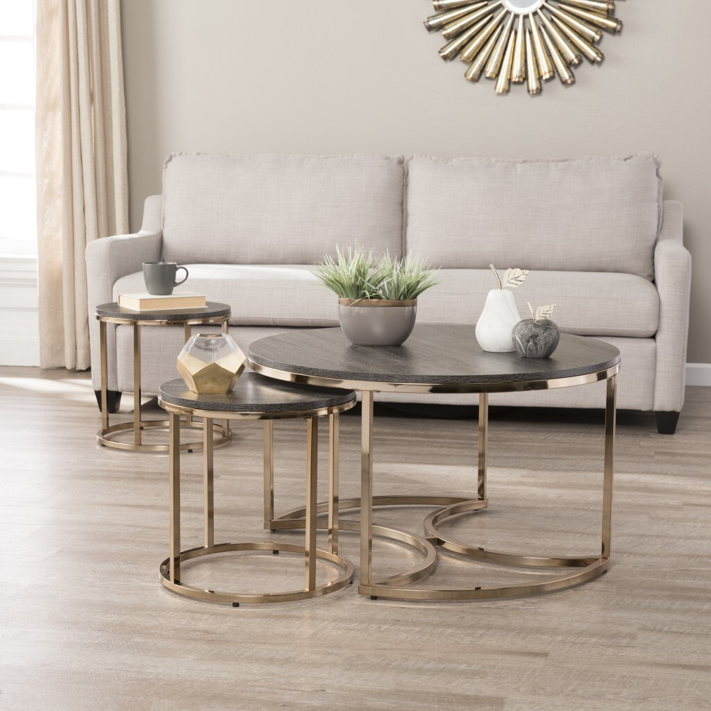 32"" Champagne And Charcoal Manufactured Wood And Metal With Iron Round Coffee Table