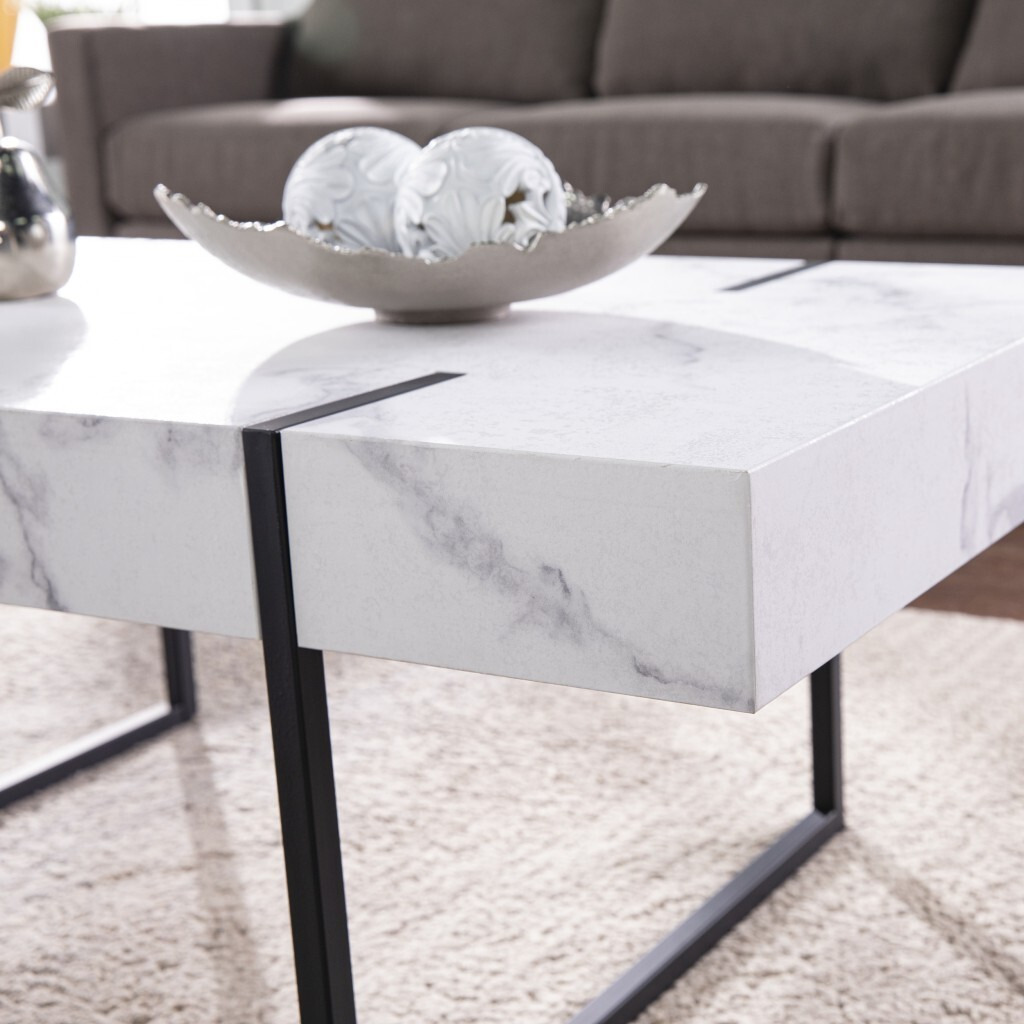 43"" White Faux Marble And Metal Rectangular Coffee Table
