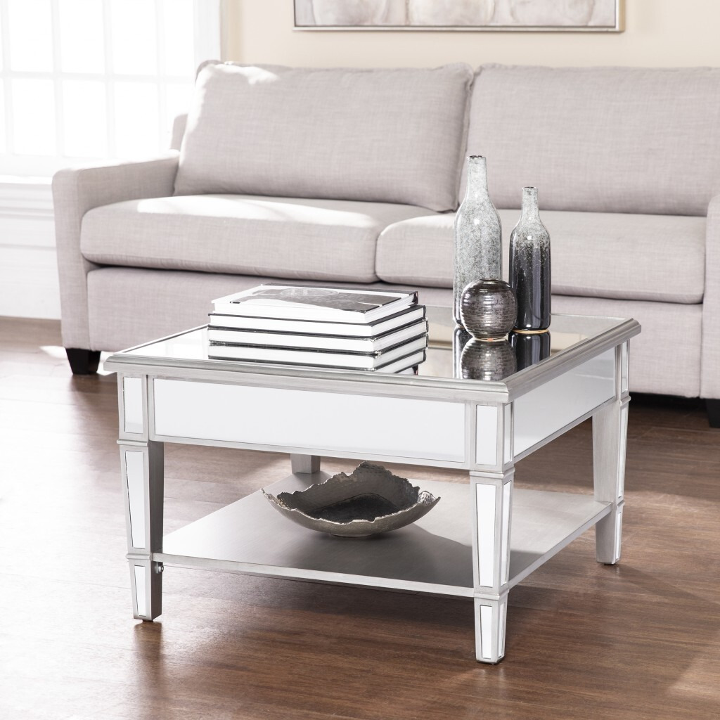 29"" Silver Mirrored Glass Square Coffee Table