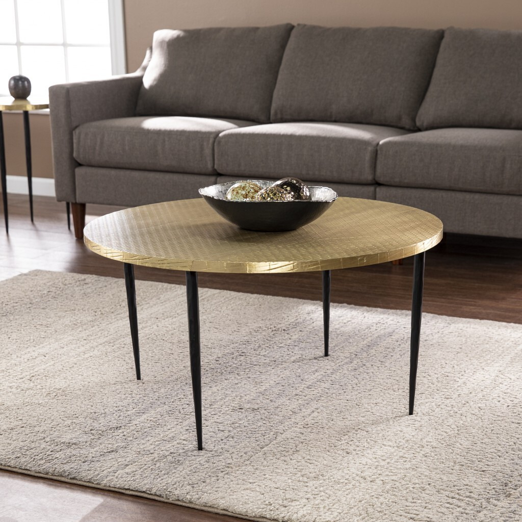 34"" Black And Gold Embossed Metal Round Coffee Table