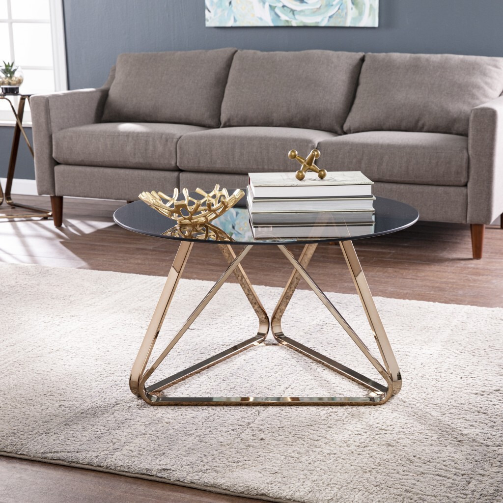 31"" Champagne Glass And Metal Round Coffee Table