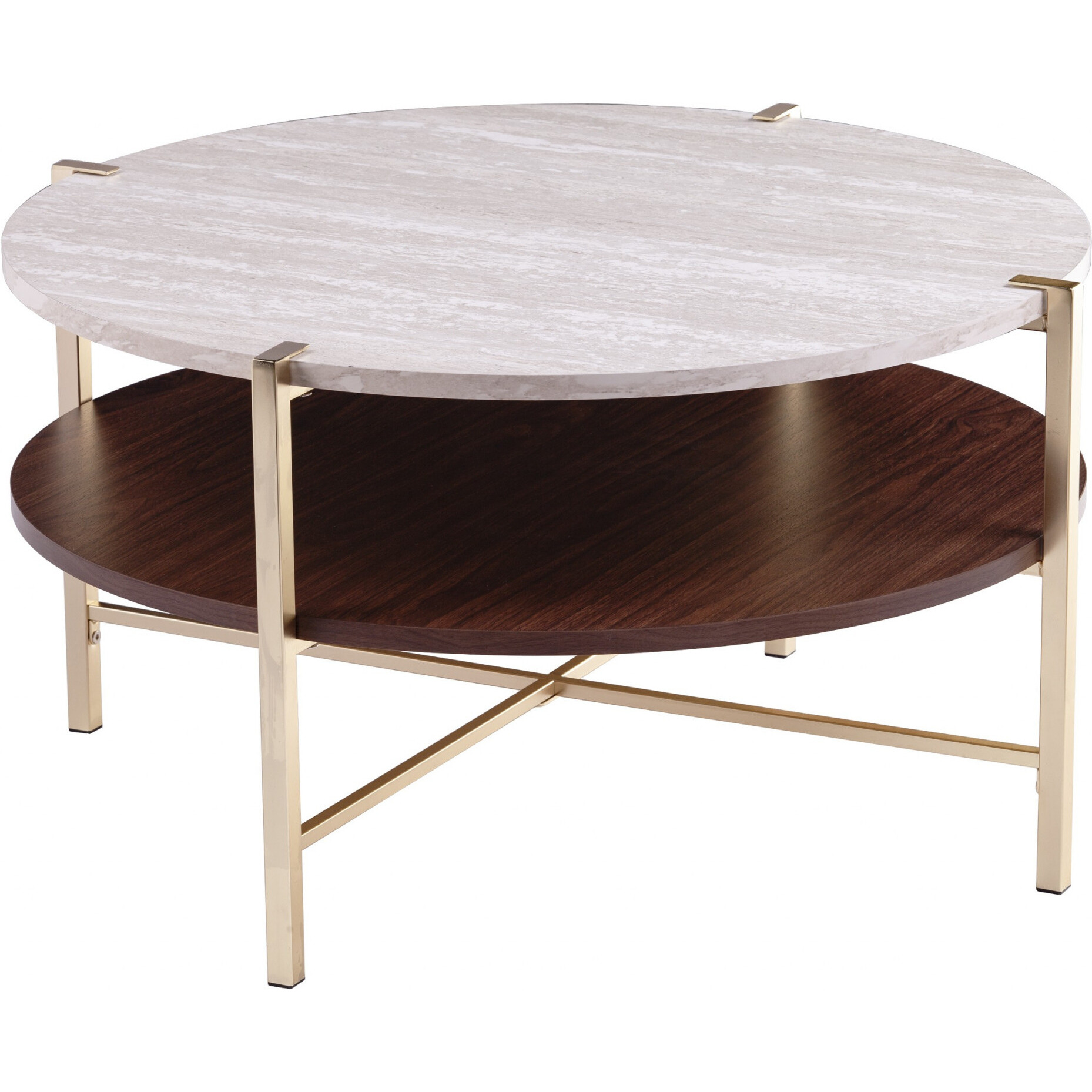 33"" Brass Solid Manufactured Wood And Metal Round Coffee Table