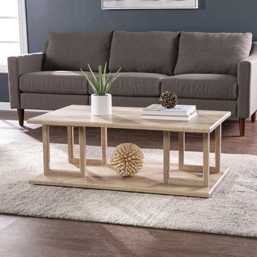 42"" Natural Light Brown Wood Two Tier Rectangular Coffee Table
