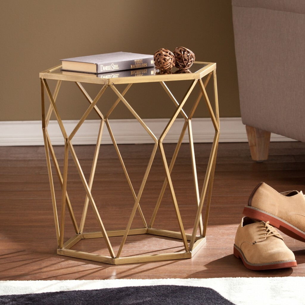 19"" Gold And Reflective Glass Hexagon Mirrored End Table