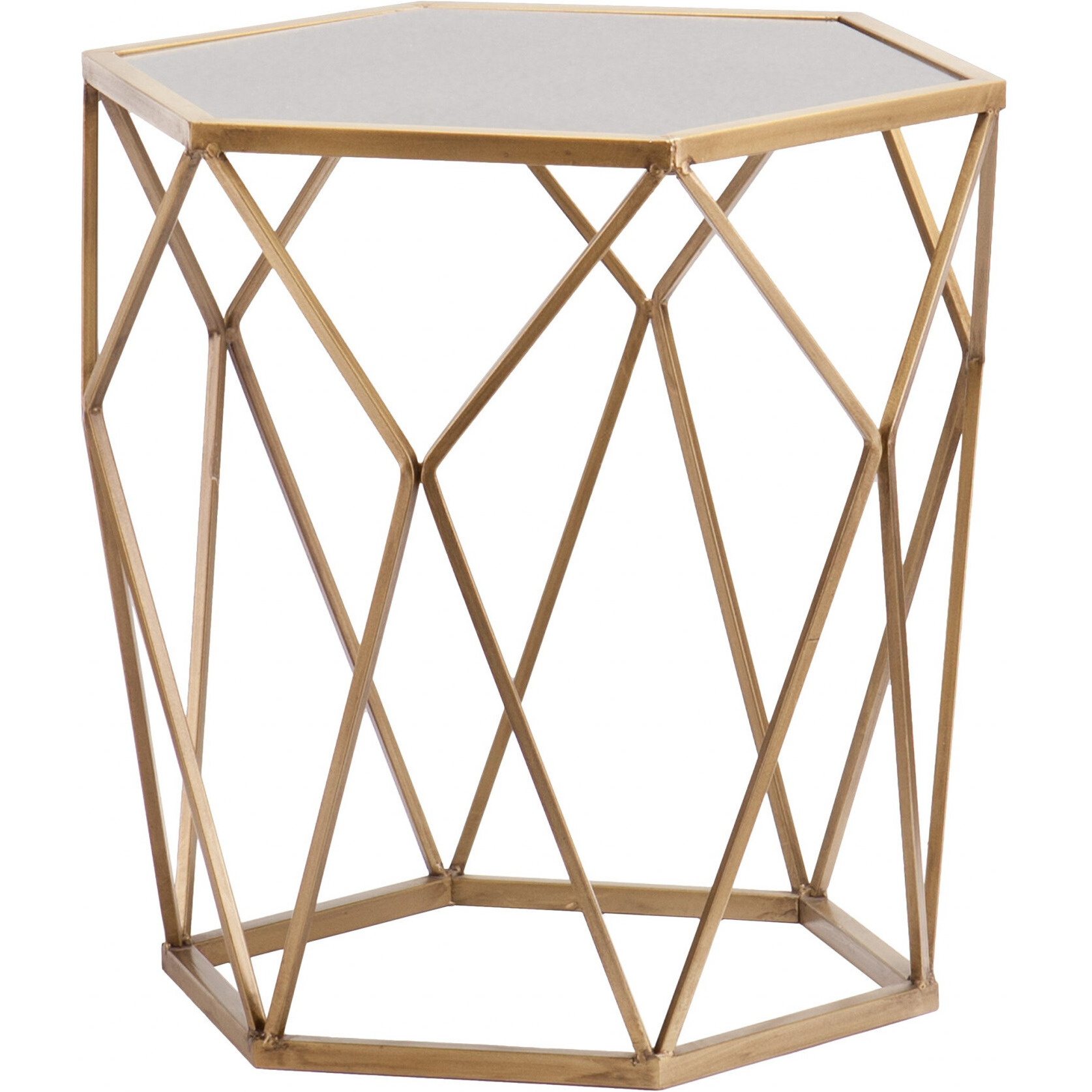 19"" Gold And Reflective Glass Hexagon Mirrored End Table