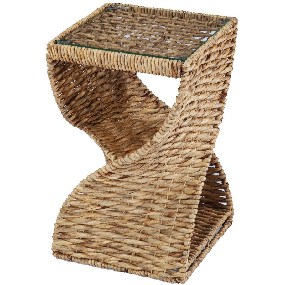 23"" Brown And Natural Rattan Swirl Glass Top Square End Table