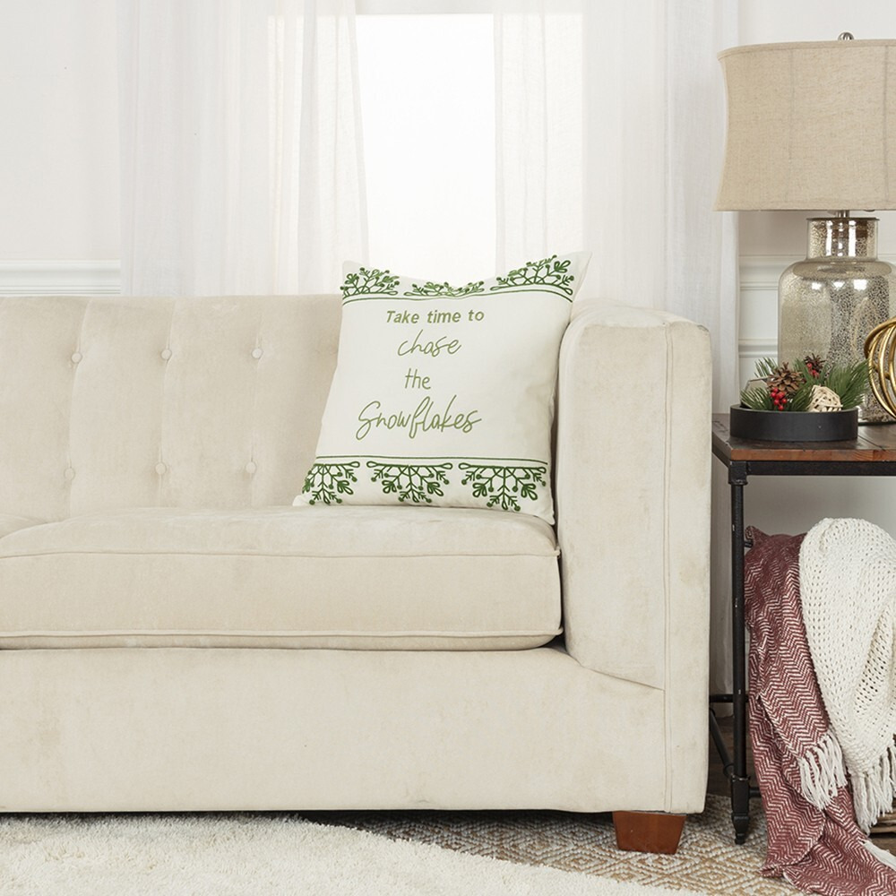 Chase The Snowflakes Green And White Decorative Throw Pillow