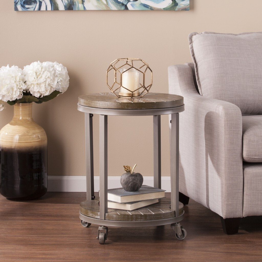 24"" Brown Manufactured Wood And Iron Round End Table With Shelf
