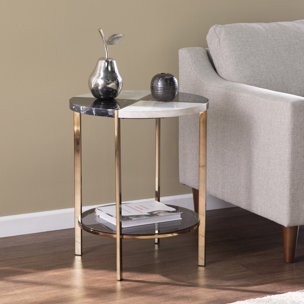 24"" Black Manufactured Wood And Iron Round End Table With Two Shelves