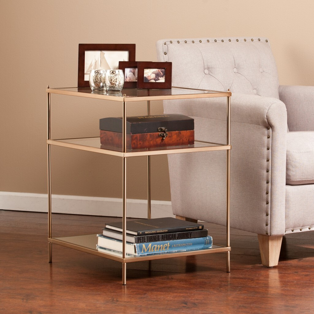 27"" Gold Glass And Iron Square Mirrored End Table With Shelf