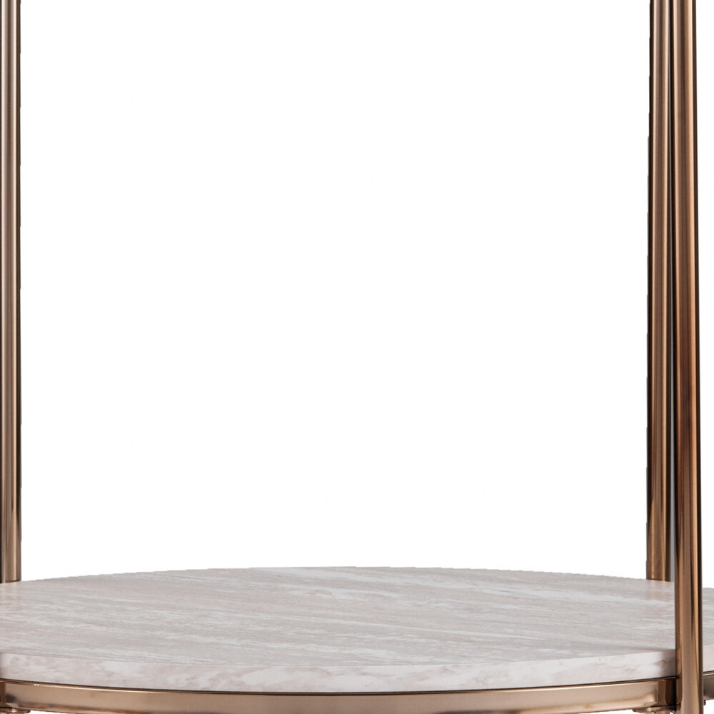 24"" Champagne Faux Marble And Iron Round End Table With Shelf