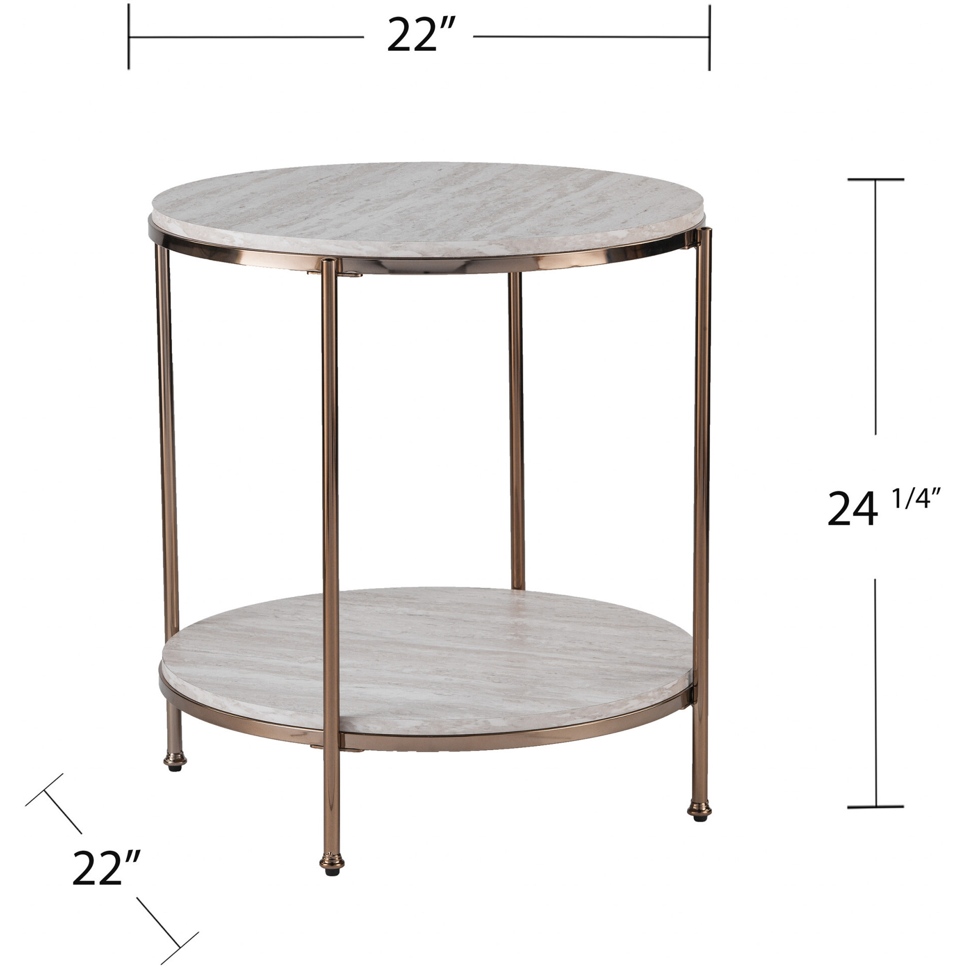 24"" Champagne Faux Marble And Iron Round End Table With Shelf