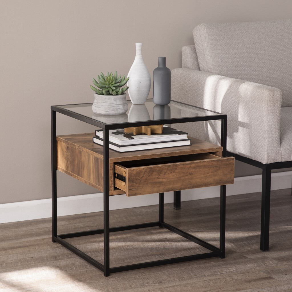 22"" Black Glass And Iron Square End Table With Drawer With Shelf