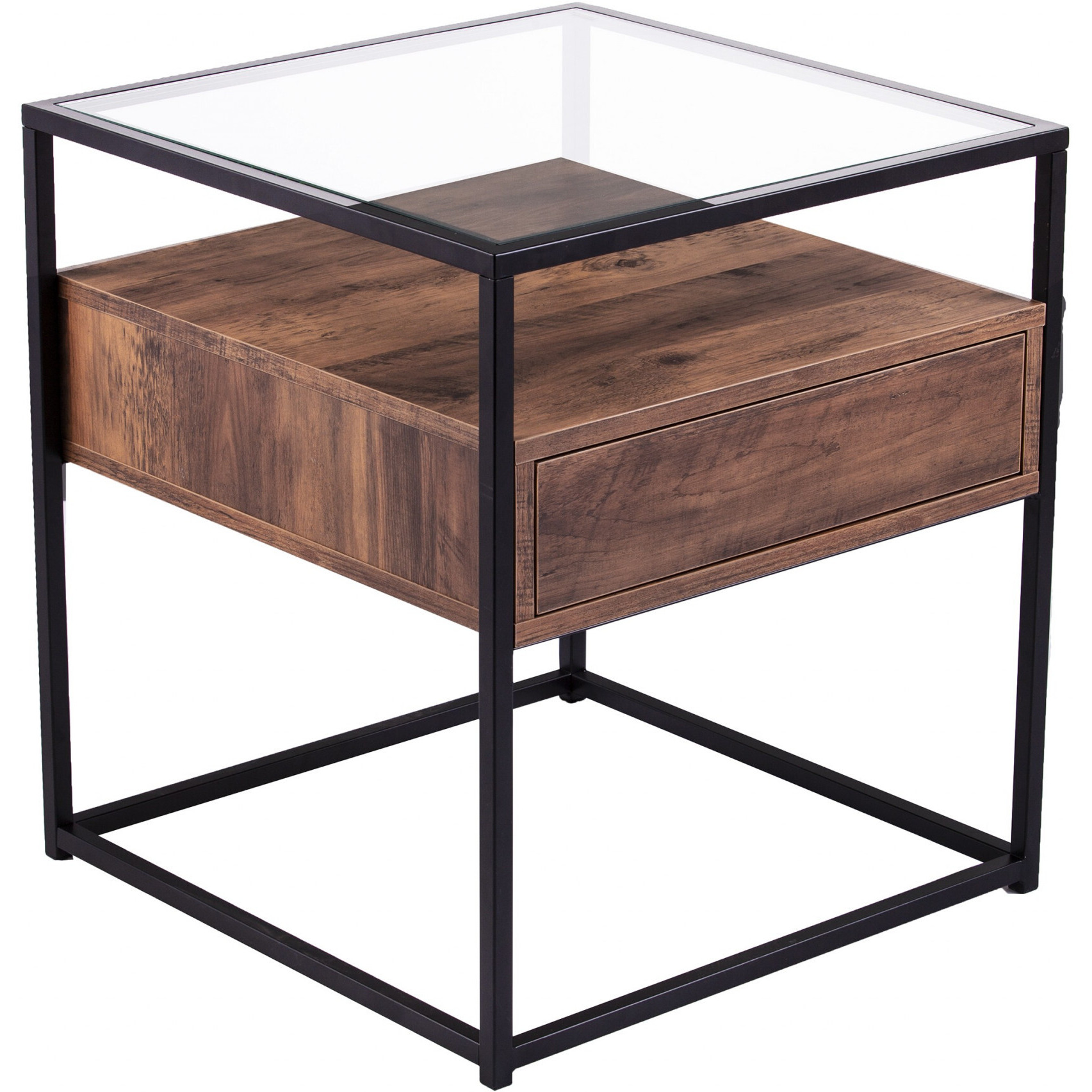 22"" Black Glass And Iron Square End Table With Drawer With Shelf