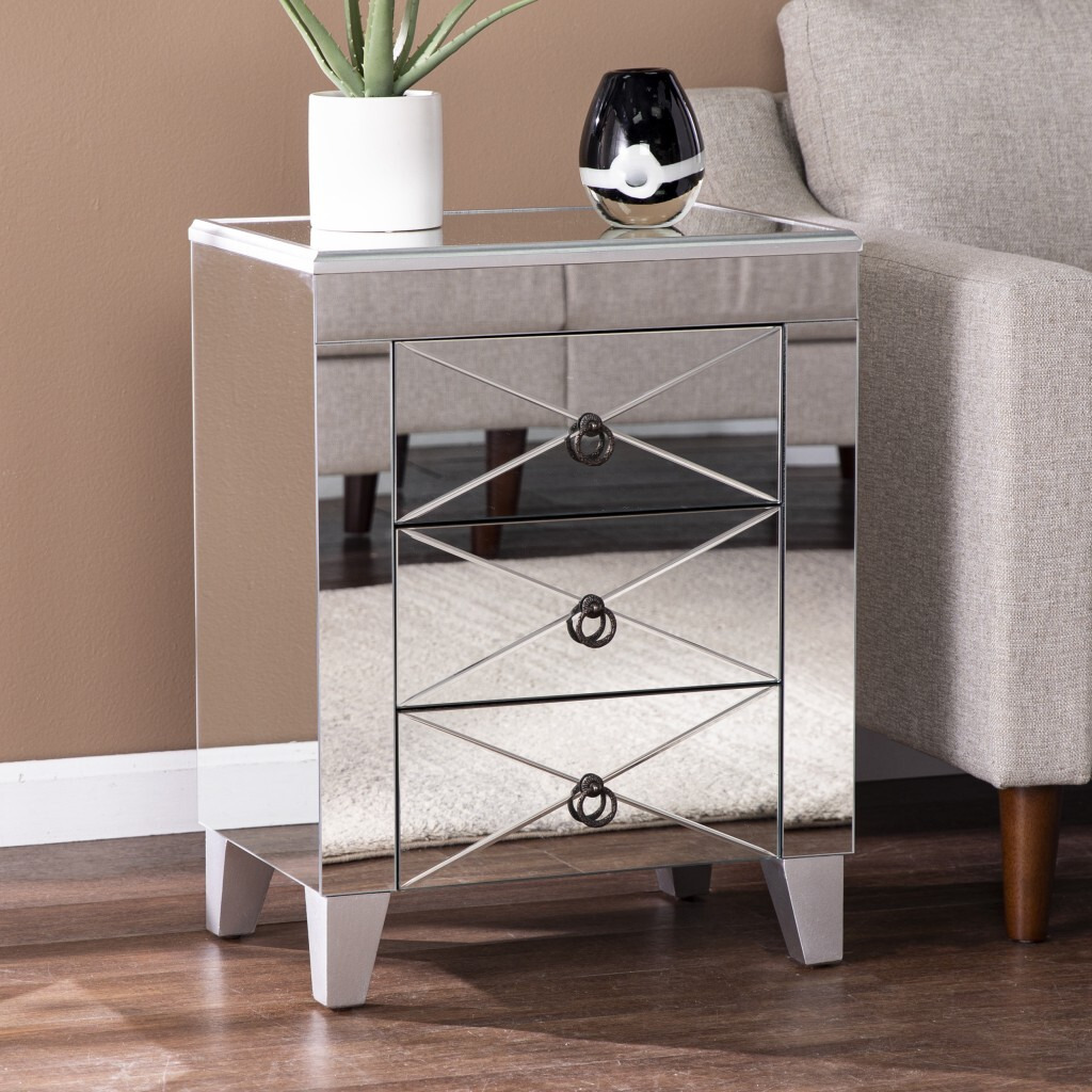 26"" Silver Manufactured Wood And Iron Rectangular Mirrored End Table With Three Drawers And