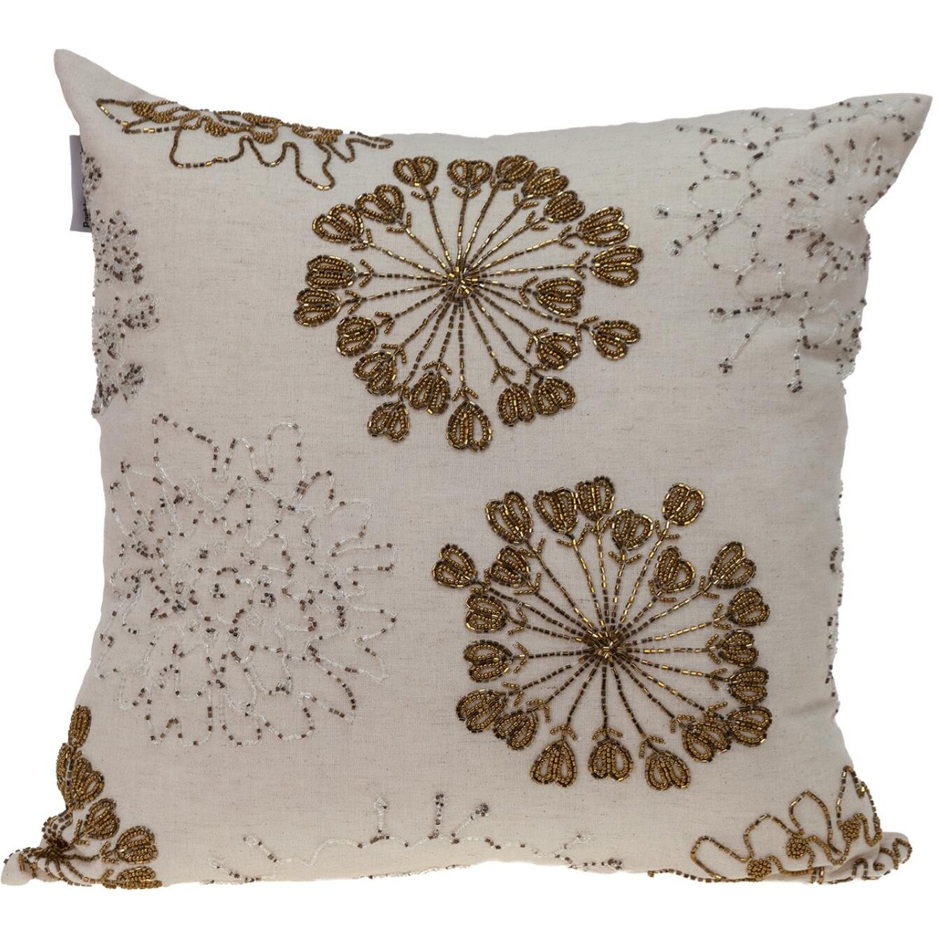 Natural And Golden Metallic Beaded Decorative Throw Pillow