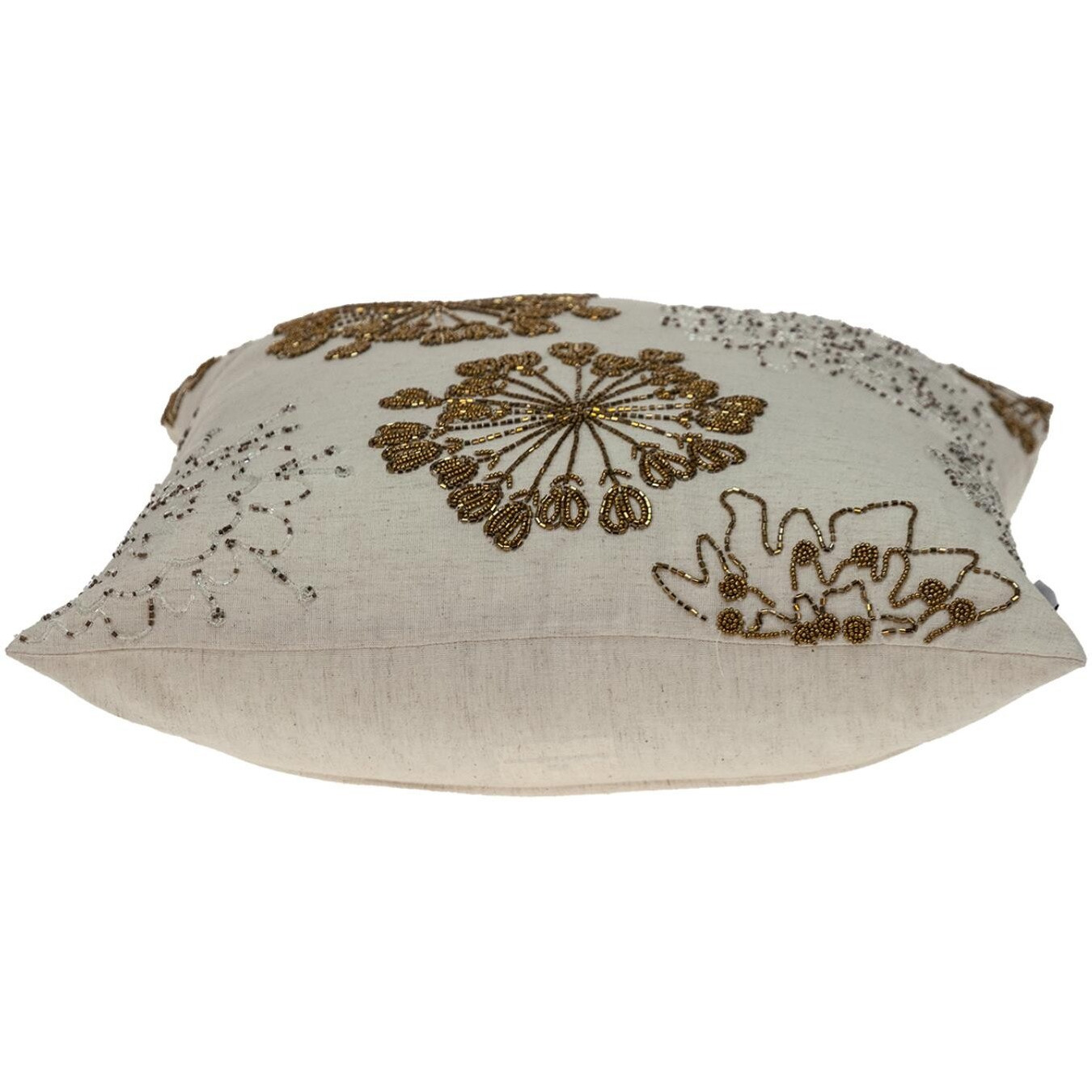 Natural And Golden Metallic Beaded Decorative Throw Pillow