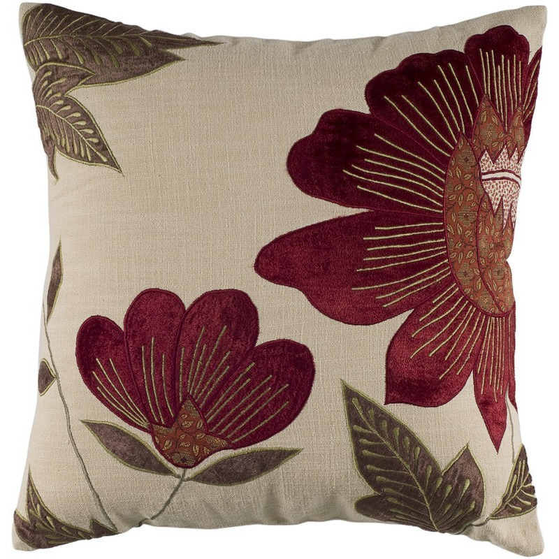 Red Beige Floral Down Filled Throw Pillow