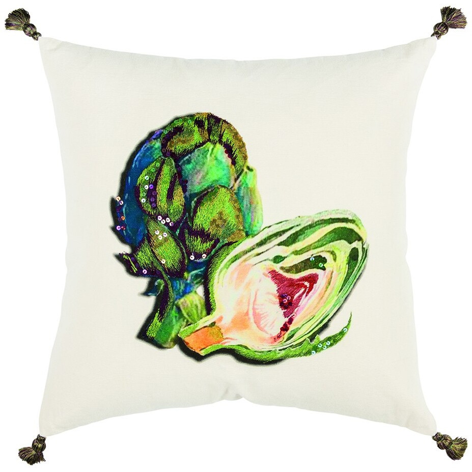 White Green Embroidered Artichoke Throw Pillow