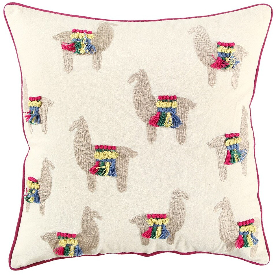 Ivory Fiesta Fun Embroidered Llamas Throw Pillow