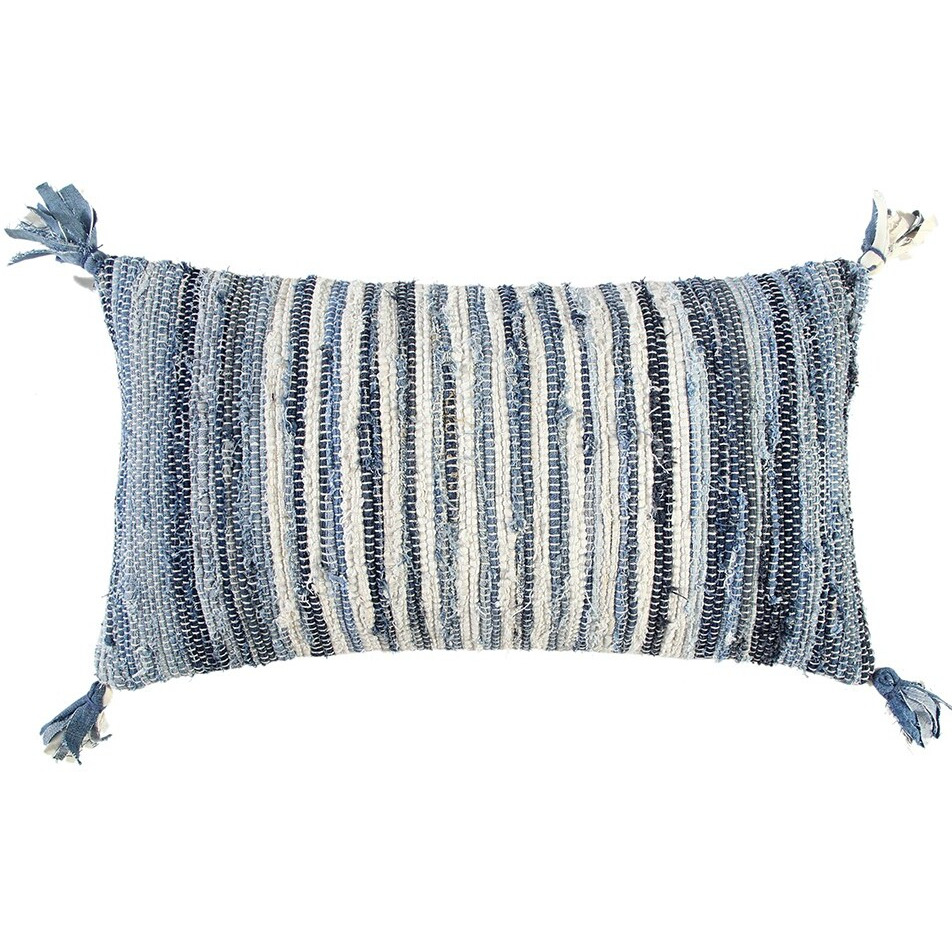 Denim Blue Repurposed Woven Strips Lumbar Pillow
