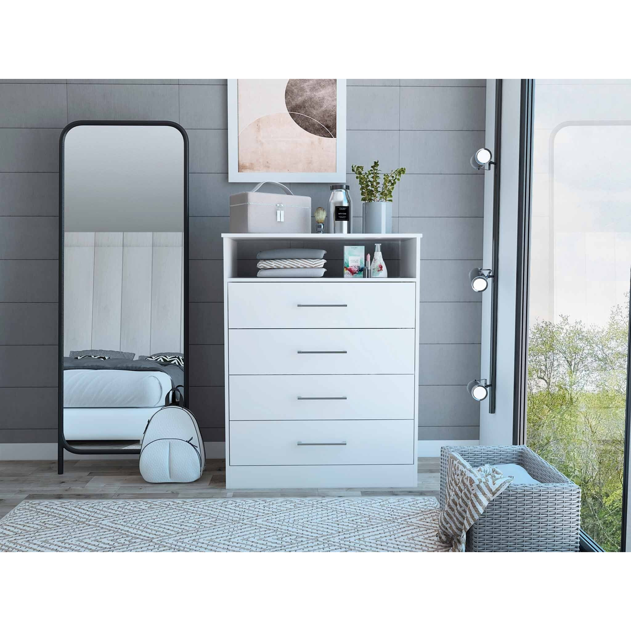 Modern White Four Drawer Dresser With Hutch