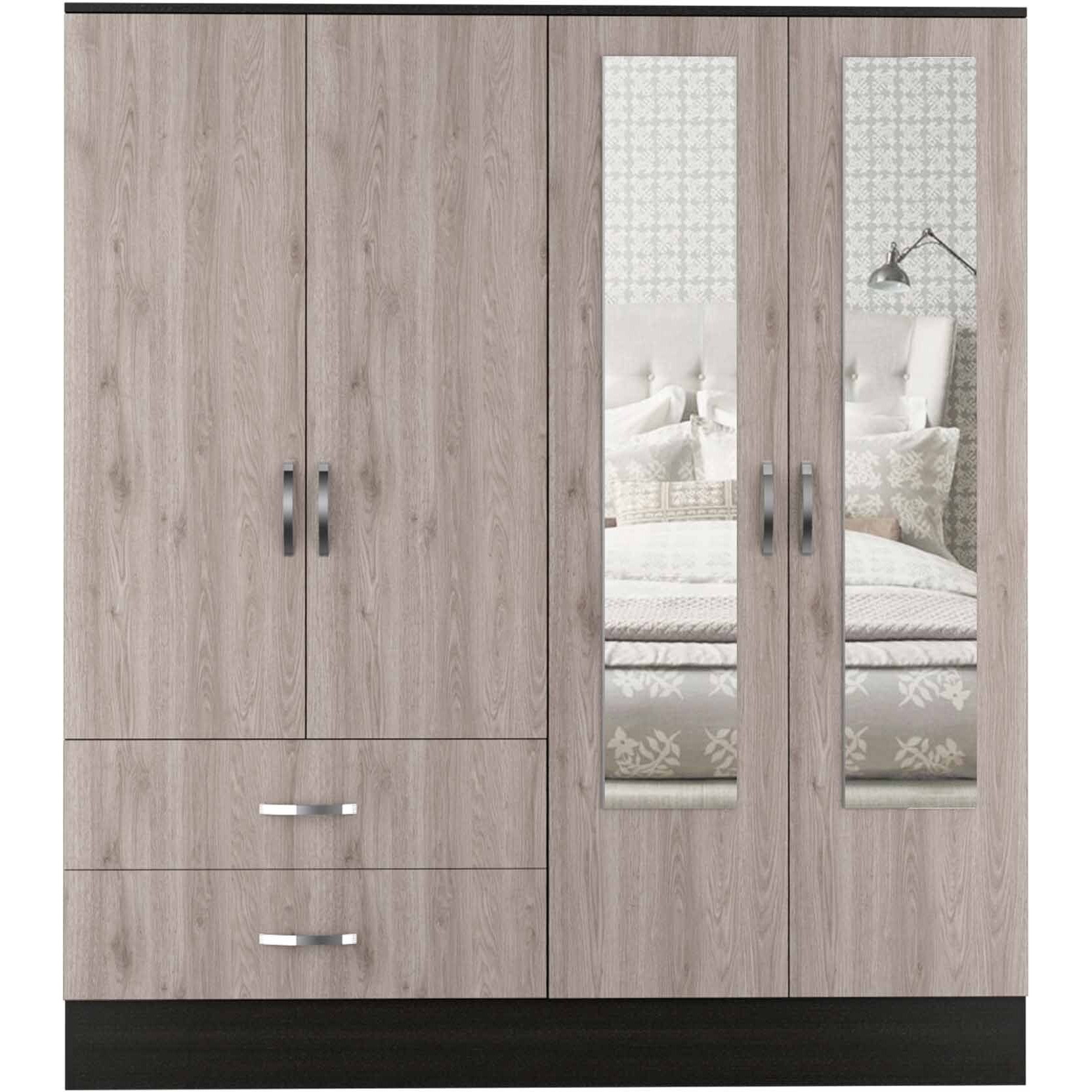 Light Oak And Black Four Door Wardrobe Closet With Mirrors