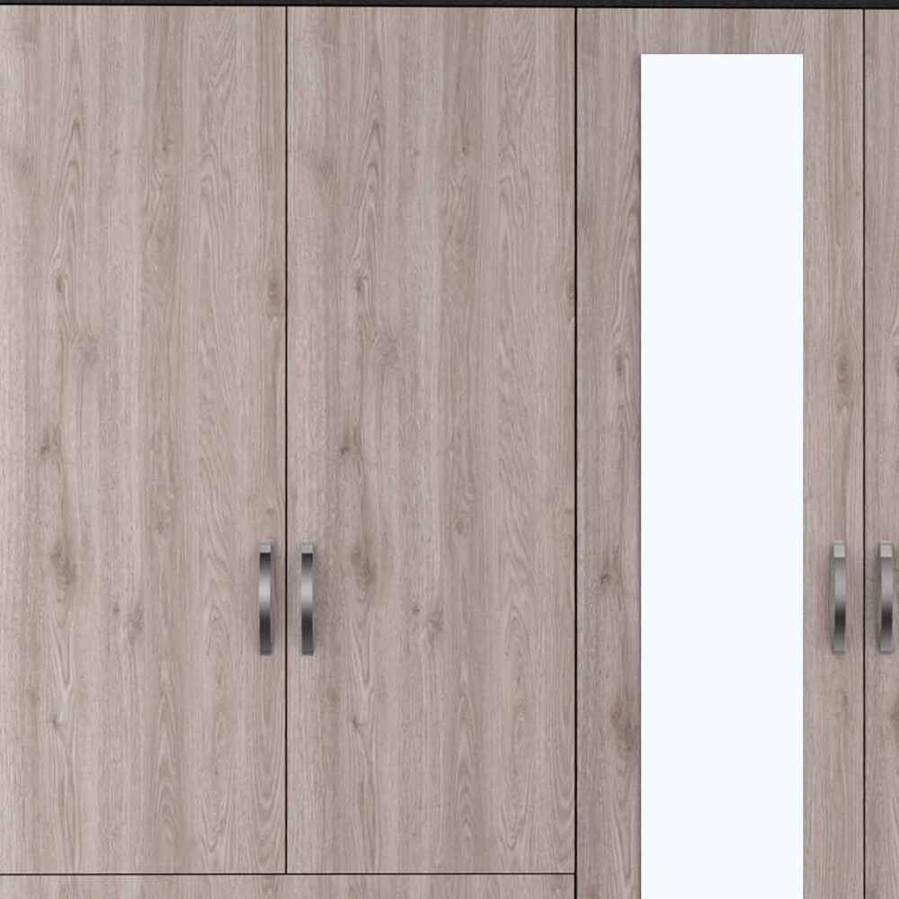 Light Oak And Black Four Door Wardrobe Closet With Mirrors